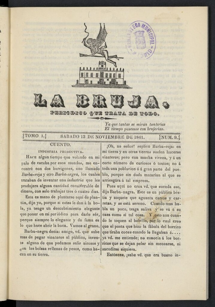Miniatura de La Bruja: periódico que trata de todo del 13 de noviembre de 1841, nº 9
