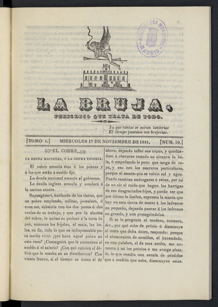 Miniatura de La Bruja: periódico que trata de todo del 17 de noviembre de 1841, nº 10