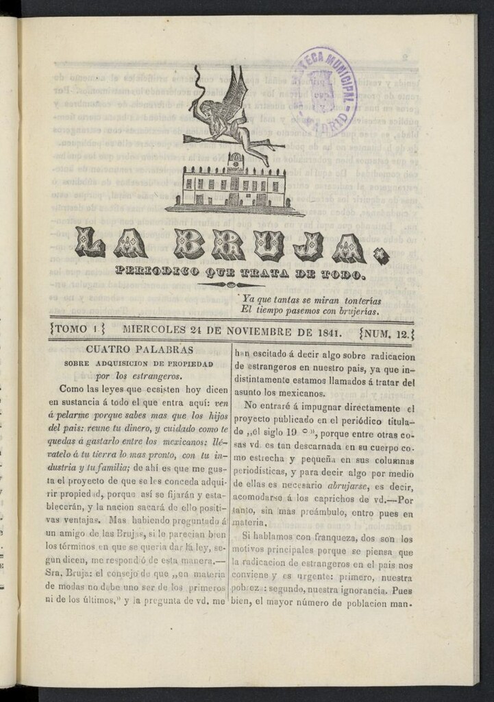 Miniatura de La Bruja: periódico que trata de todo del 24 de noviembre de 1841, nº 12