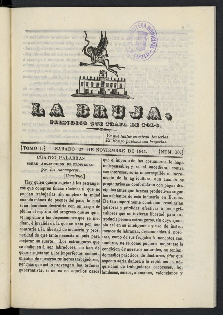 Miniatura de La Bruja: periódico que trata de todo del 27 de noviembre de 1841, nº 13