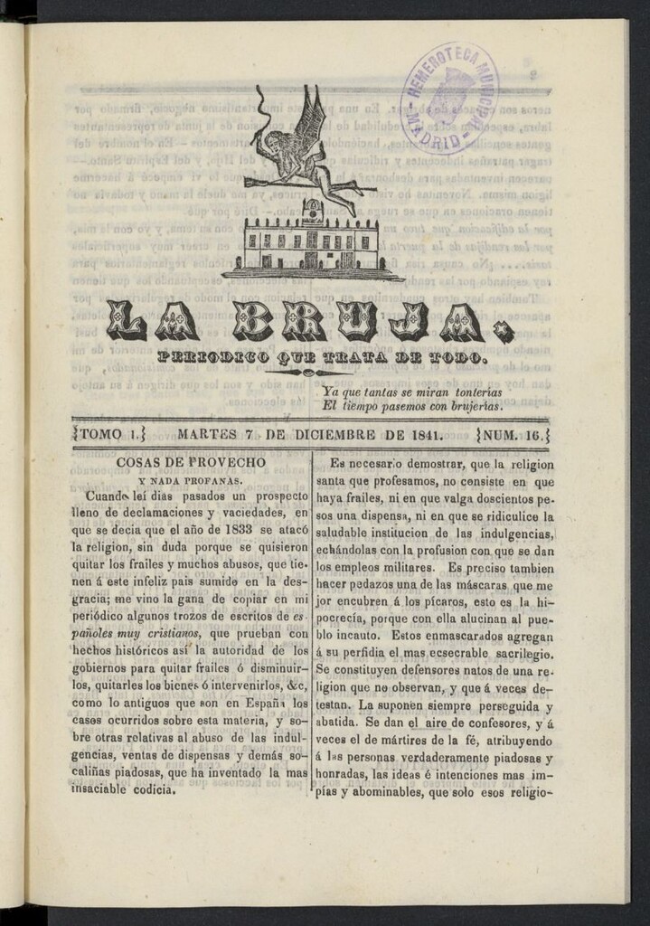 Miniatura de La Bruja: periódico que trata de todo del 7 de diciembre de 1841, nº 16