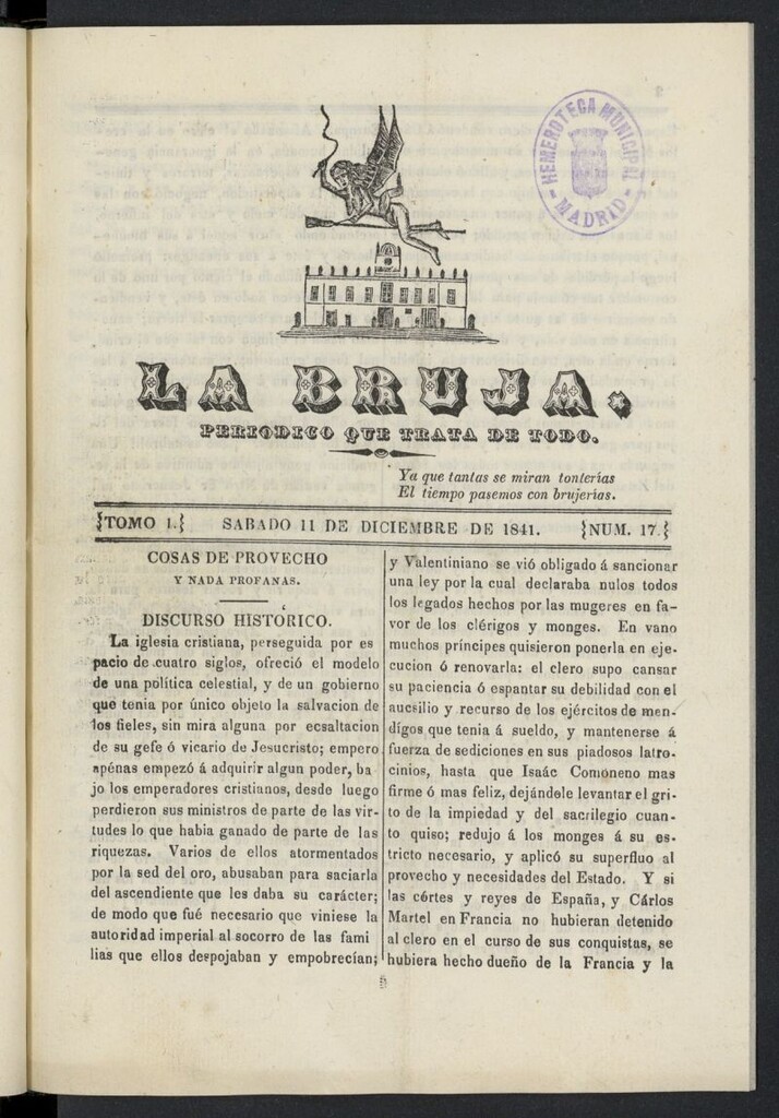 Miniatura de La Bruja: periódico que trata de todo del 11 de diciembre de 1841, nº 17