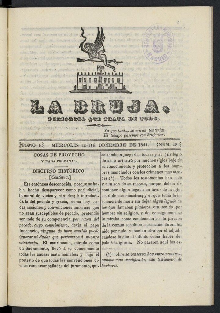 Miniatura de La Bruja: periódico que trata de todo del 15 de diciembre de 1841, nº 18