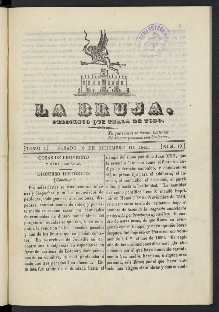 Miniatura de La Bruja: periódico que trata de todo del 18 de diciembre de 1841, nº 19