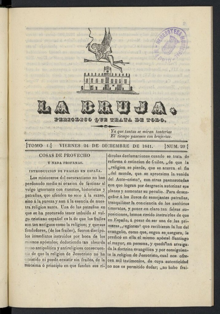 Miniatura de La Bruja: periódico que trata de todo del 24 de diciembre de 1841, nº 20