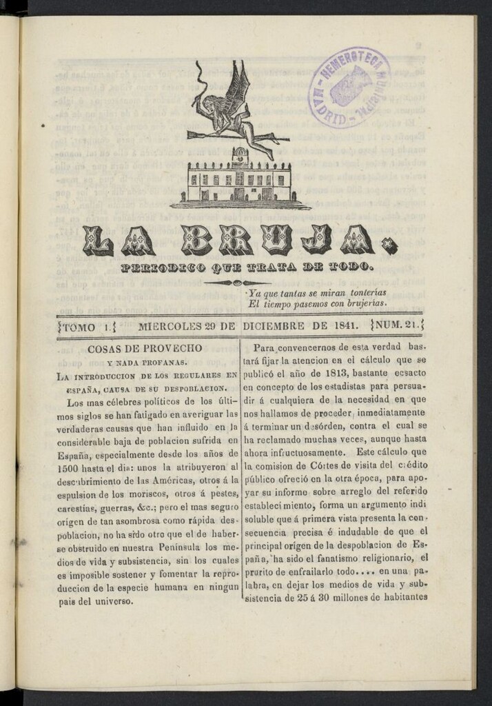 Miniatura de La Bruja: periódico que trata de todo del 29 de diciembre de 1841, nº 21