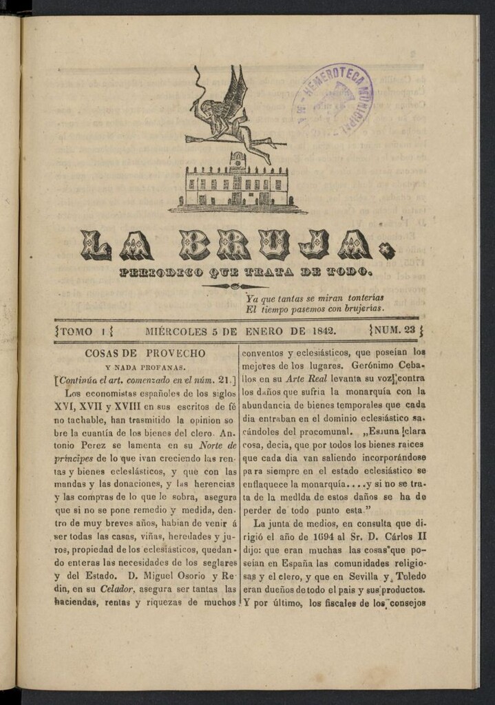 Miniatura de La Bruja: periódico que trata de todo del 5 de enero de 1842, nº 23
