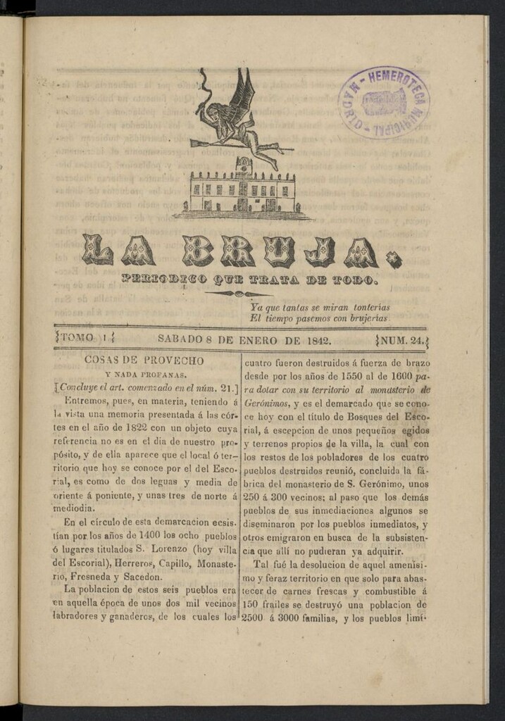 Miniatura de La Bruja: periódico que trata de todo del 8 de enero de 1842, nº 24