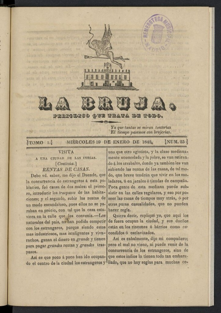 Miniatura de La Bruja: periódico que trata de todo del 19 de enero de 1842, nº 25