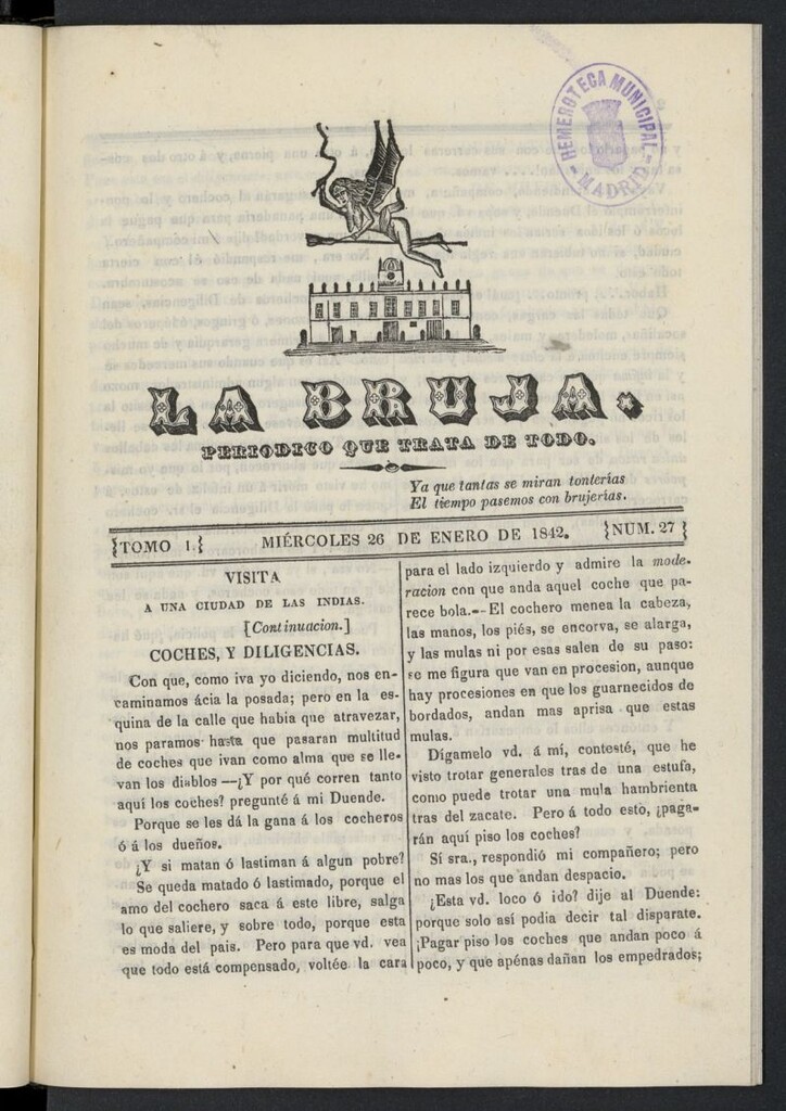 Miniatura de La Bruja: periódico que trata de todo del 26 de enero de 1842, nº 27