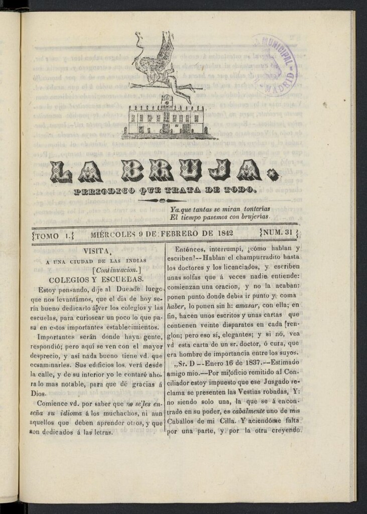 Miniatura de La Bruja: periódico que trata de todo del 9 de febrero de 1842, nº 31