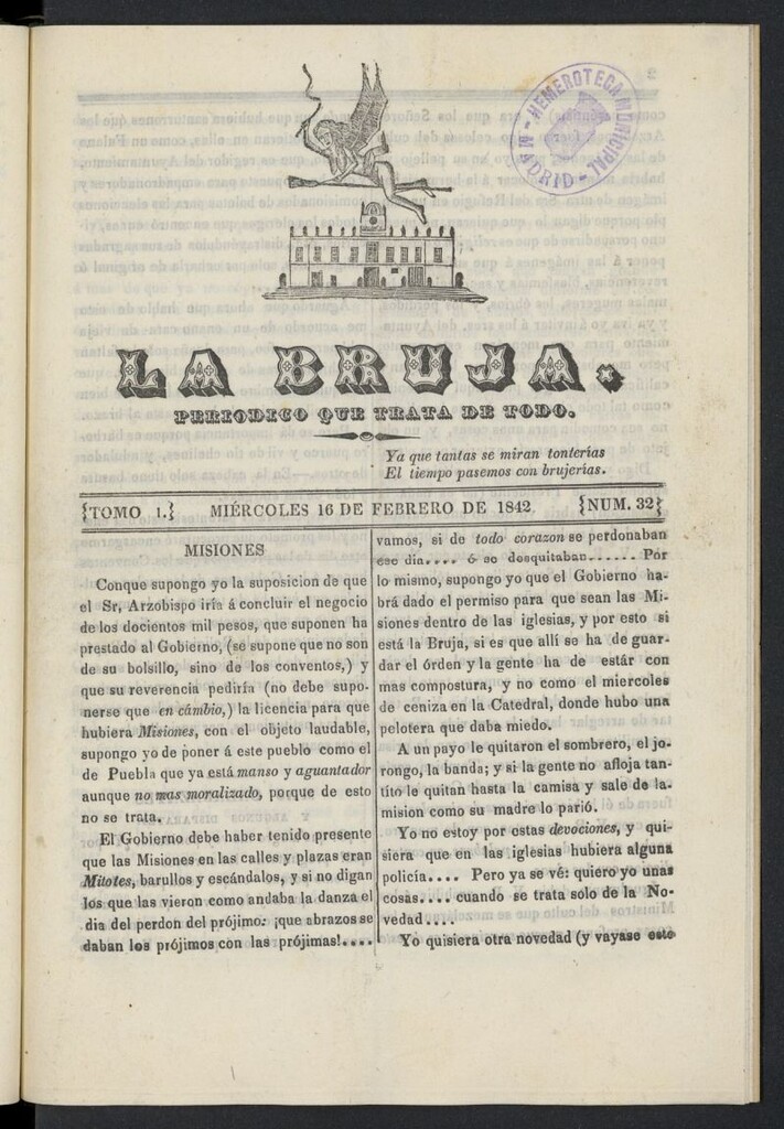 Miniatura de La Bruja: periódico que trata de todo del 16 de febrero de 1842, nº 32
