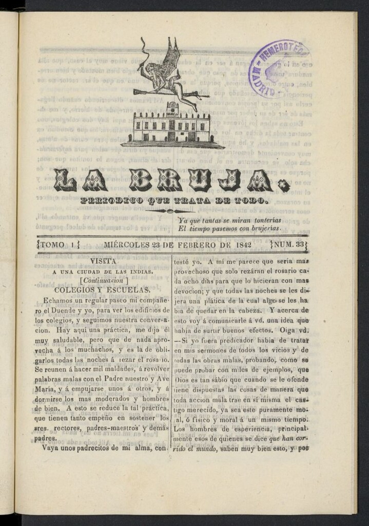 Miniatura de La Bruja: periódico que trata de todo del 23 de febrero de 1842, nº 33