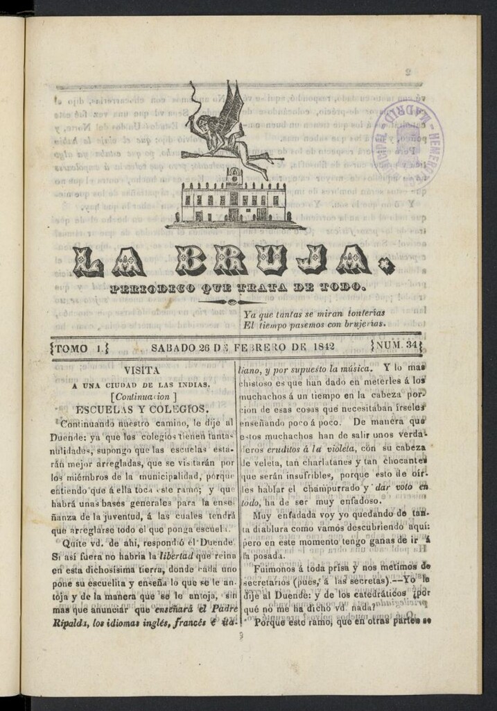 Miniatura de La Bruja: periódico que trata de todo del 26 de febrero de 1842, nº 34