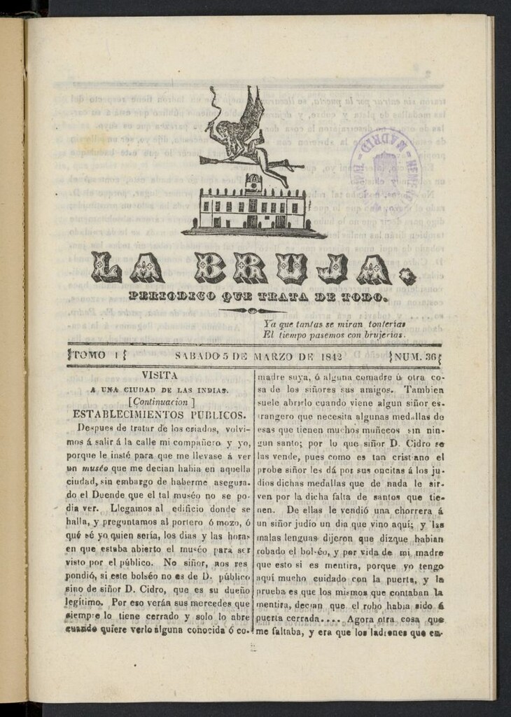 Miniatura de La Bruja: periódico que trata de todo del 5 de marzo de 1842, nº 36