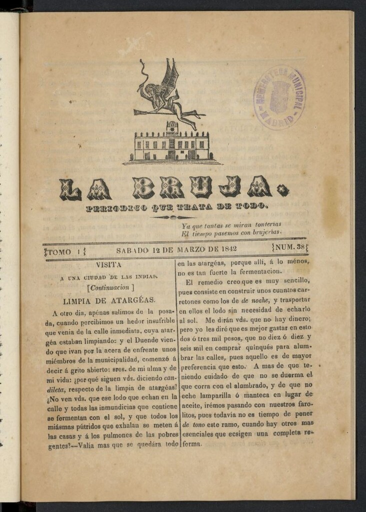 Miniatura de La Bruja: periódico que trata de todo del 12 de marzo de 1842, nº 38