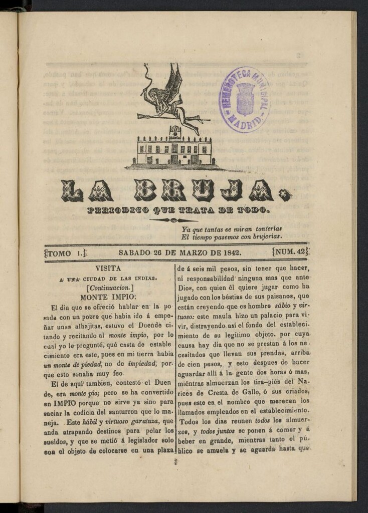 Miniatura de La Bruja: periódico que trata de todo del 26 de marzo de 1842, nº 42