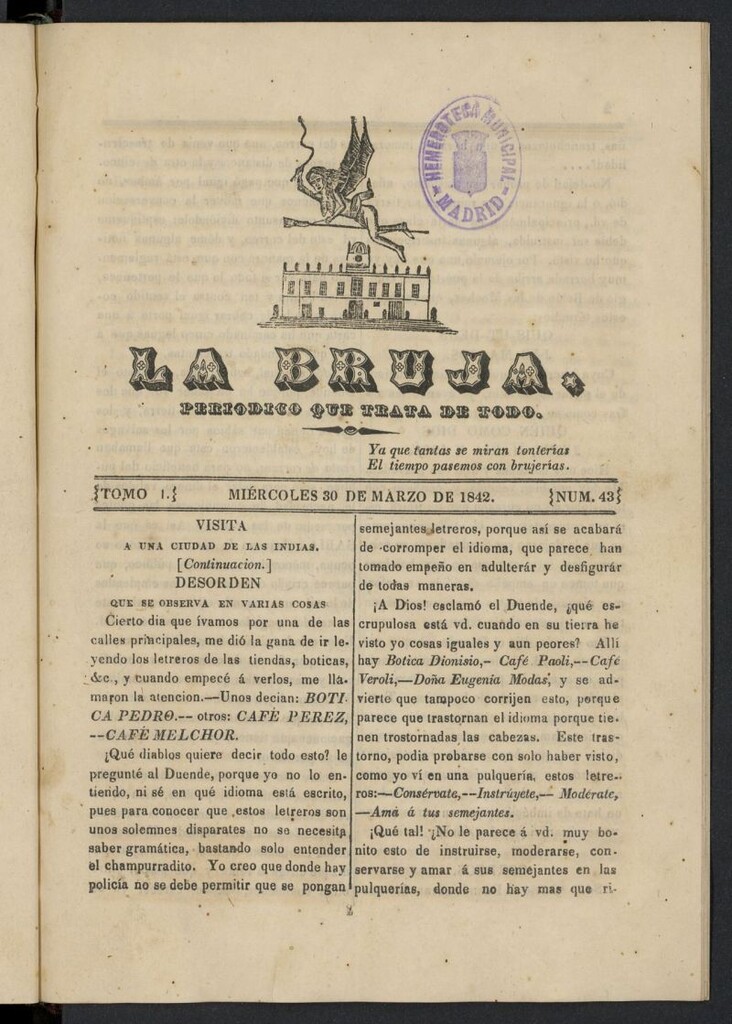 Miniatura de La Bruja: periódico que trata de todo del 30 de marzo de 1842, nº 43