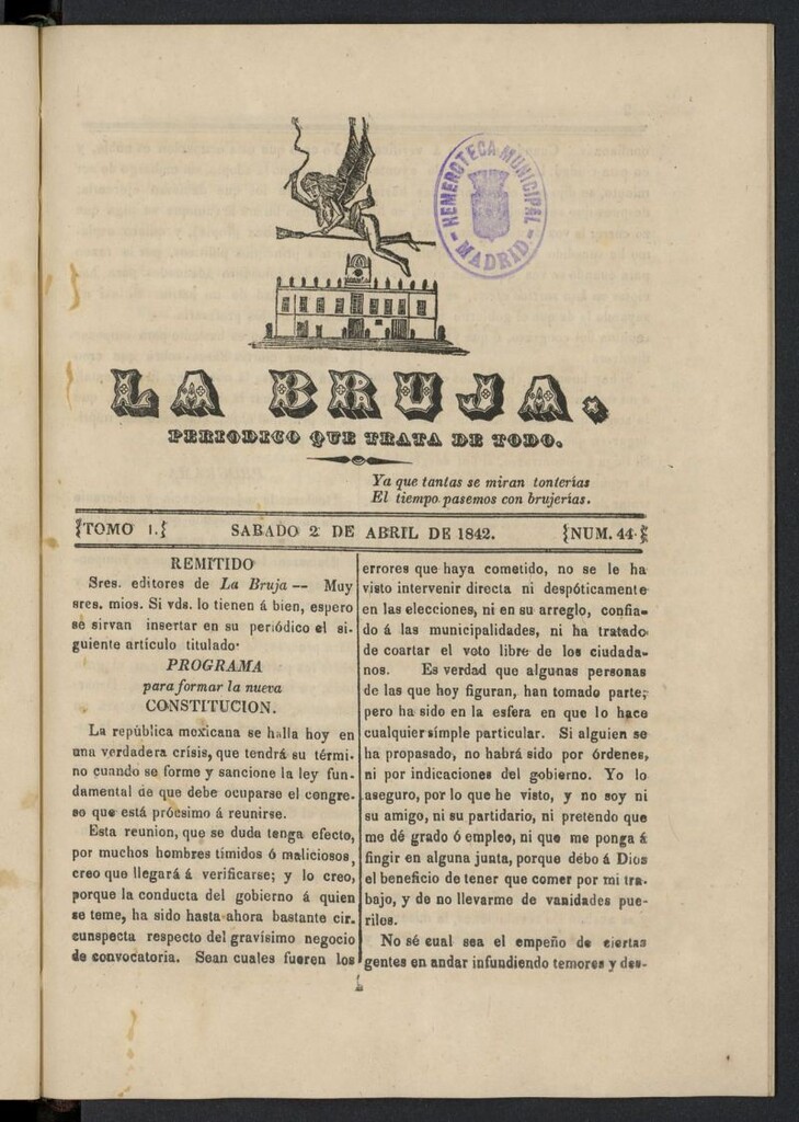 Miniatura de La Bruja: periódico que trata de todo del 2 de abril de 1842, nº 44