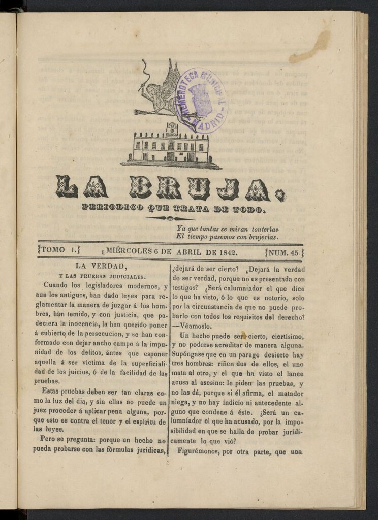 Miniatura de La Bruja: periódico que trata de todo del 6 de abril de 1842, nº 45