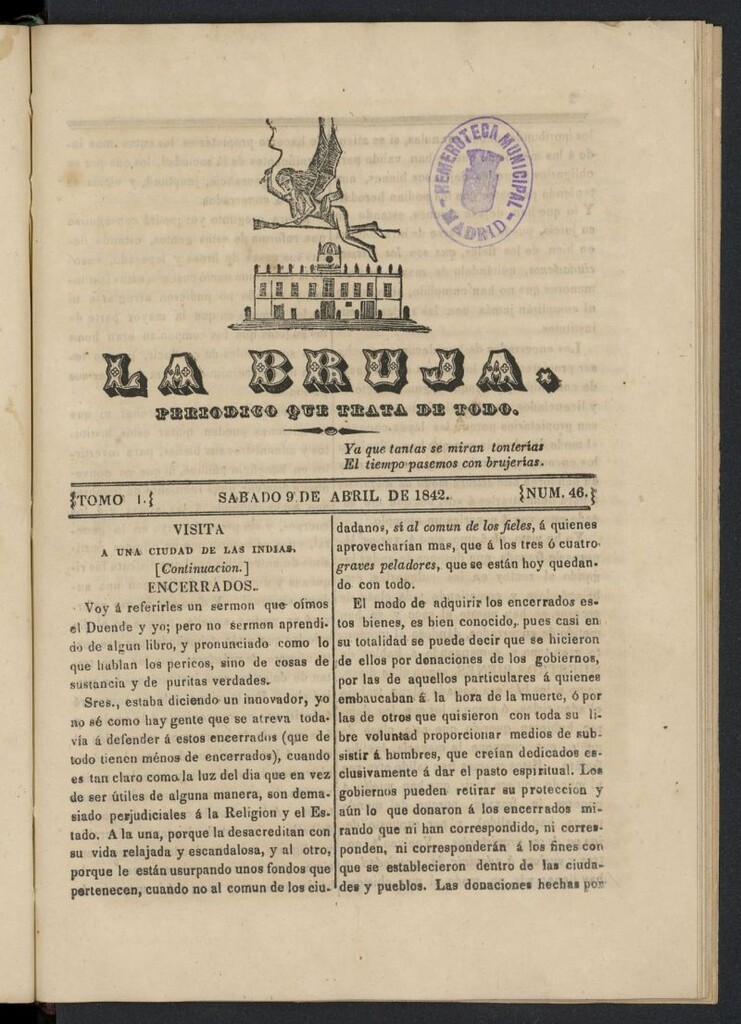 Miniatura de La Bruja: periódico que trata de todo del 9 de abril de 1842, nº 46
