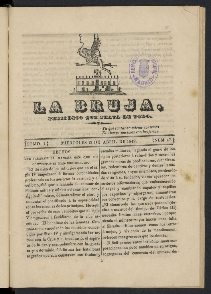 Miniatura de La Bruja: periódico que trata de todo del 13 de abril de 1842, nº 47