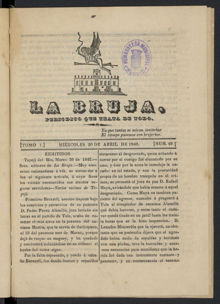 Miniatura de La Bruja: periódico que trata de todo del 20 de abril de 1842, nº 49