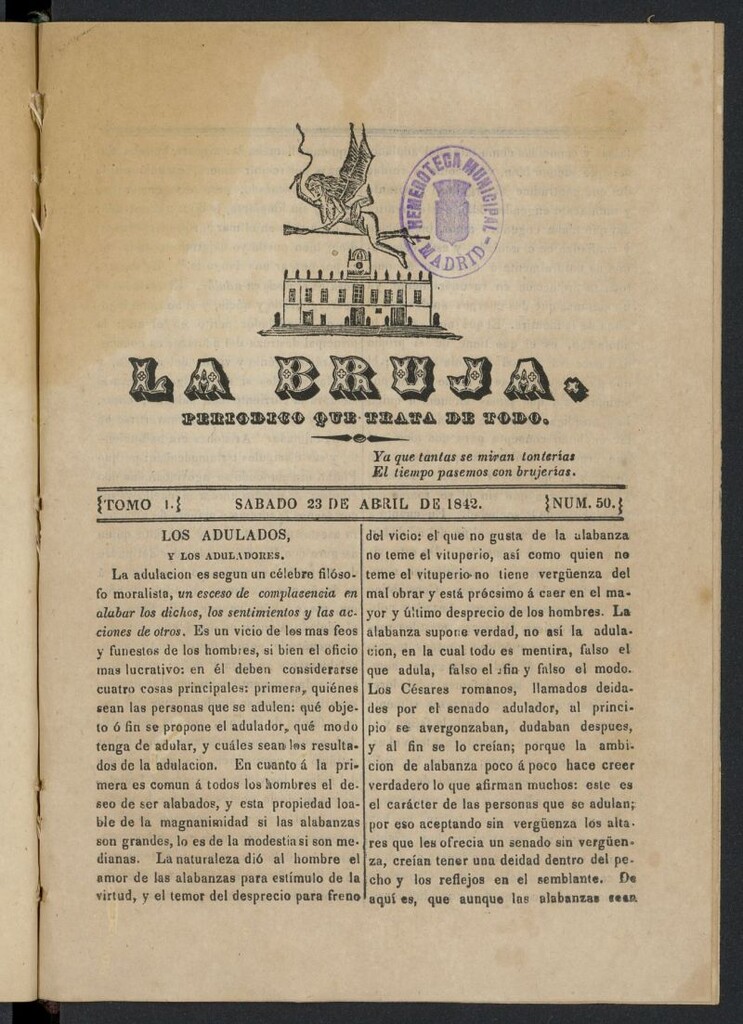 Miniatura de La Bruja: periódico que trata de todo del 23 de abril de 1842, nº 50