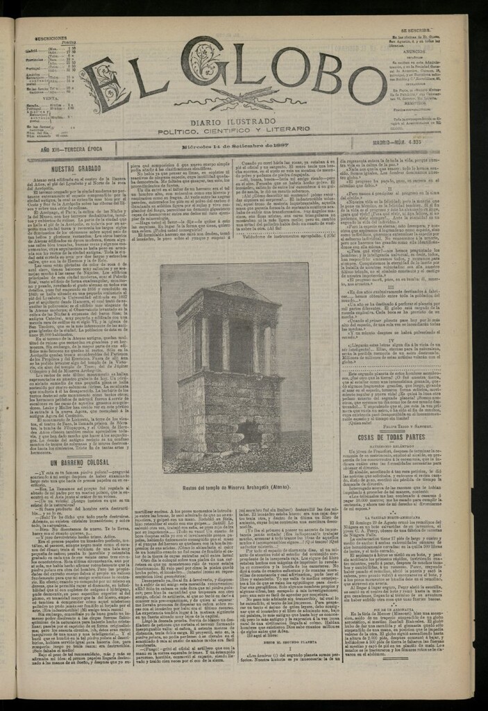 Miniatura de El Globo : diario ilustrado del 14 de septiembre de 1887, nº 4335