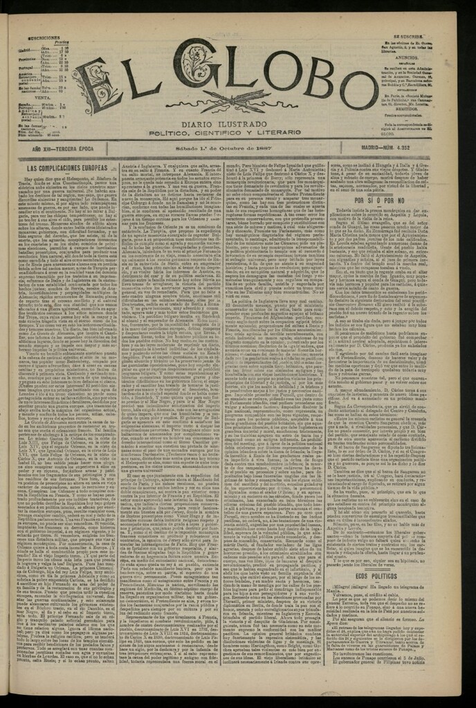 Miniatura de El Globo : diario ilustrado del 1 de octubre de 1887, nº 4352