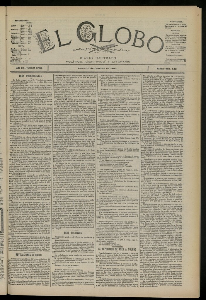 Miniatura de El Globo : diario ilustrado del 10 de octubre de 1887, nº 4361
