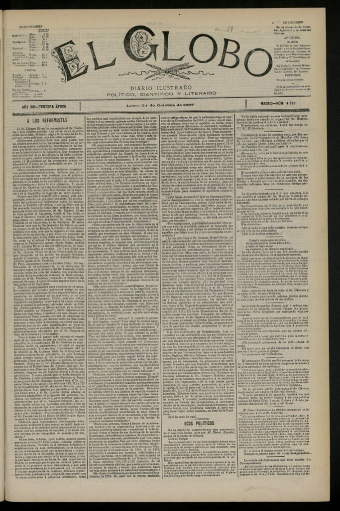Miniatura de El Globo : diario ilustrado del 24 de octubre de 1887, nº 4375