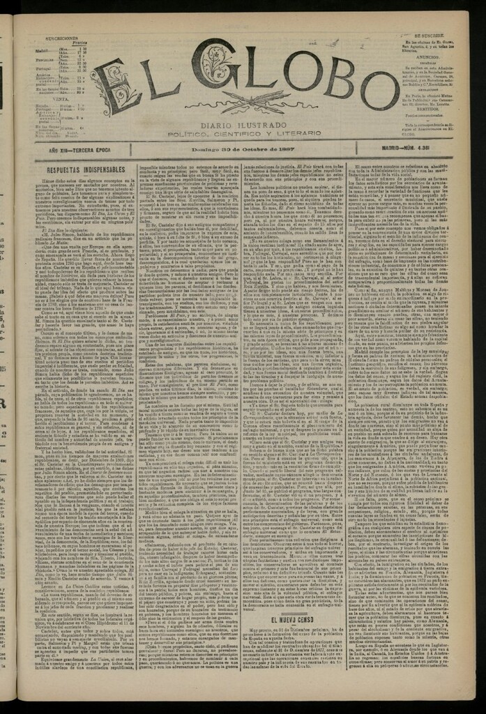 Miniatura de El Globo : diario ilustrado del 30 de octubre de 1887, nº 4381