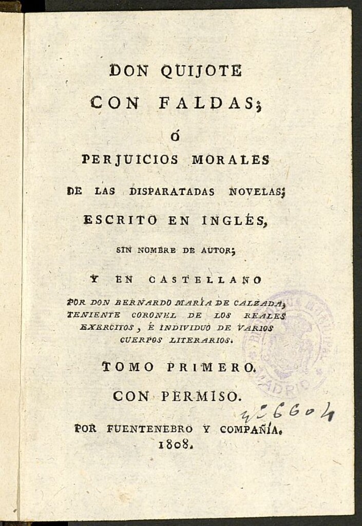 Miniatura de Don Quijote con faldas o Perjuicios morales de las disparatadas novelas. Tomo primero