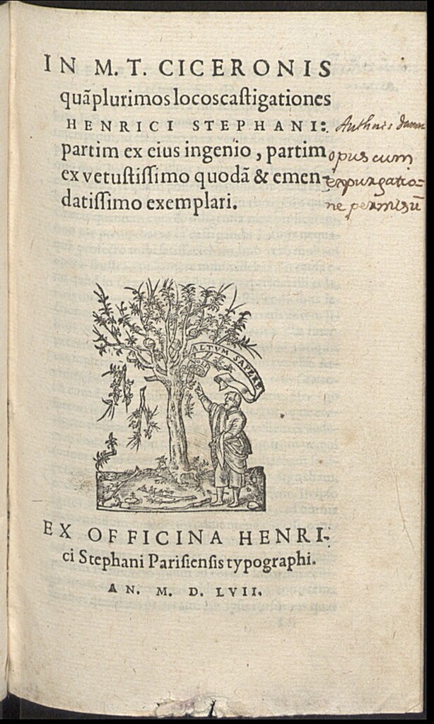 Miniatura de In M.T. Ciceronis qua[m] plurimos locos castigationes Henriici Stephani, partim ex eius ingenio, partim ex vetustissimo quoda[m] & emendatissimo exemplari