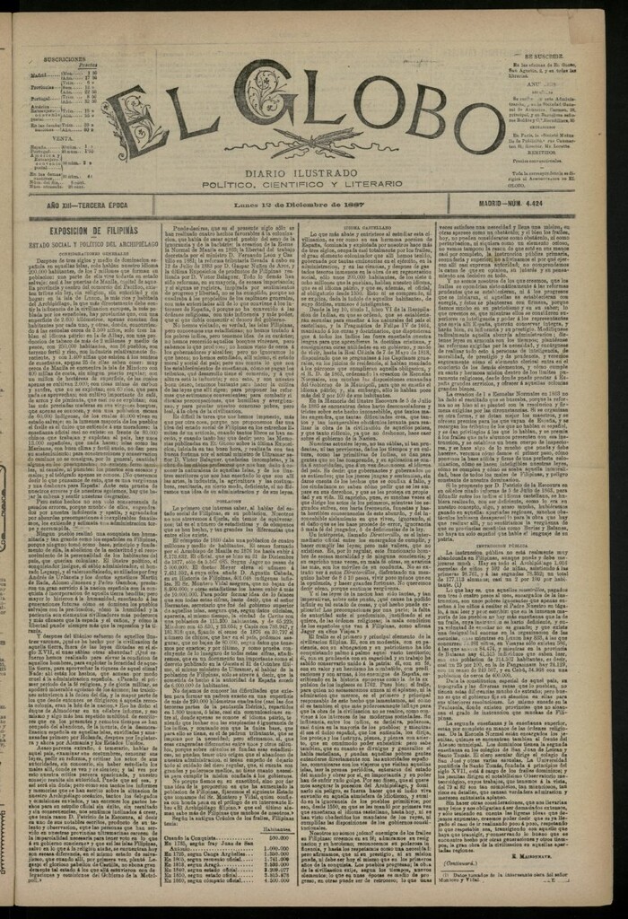 Miniatura de El Globo : diario ilustrado del 12 de diciembre de 1887, nº 4424