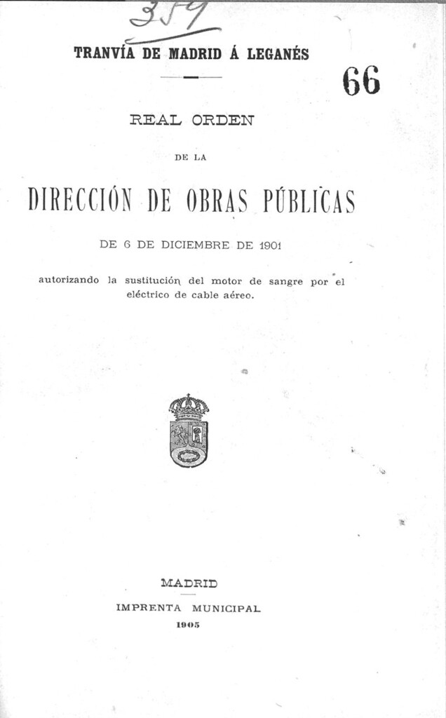 Miniatura de Real orden de la dirección de obras públicas de 6 de diciembre de 1901 autorizando la sustitución del motor de sangre por el eléctrico de cable aereo