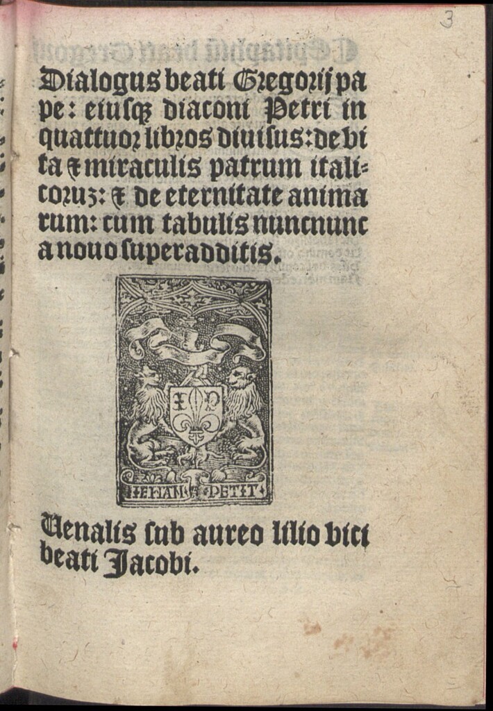 Miniatura de Dialogus beati Gregorij pape eiusq[ue] diaconi Petri : in quattuor libros diuisus : de vita et miraculis patrum italicoru[m] : et de eternitate animarum ; cum tabulis nuncnunc a nouo superadditis