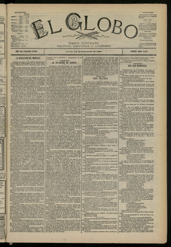 Miniatura de El Globo : diario ilustrado del 22 de diciembre de 1887, nº 4434
