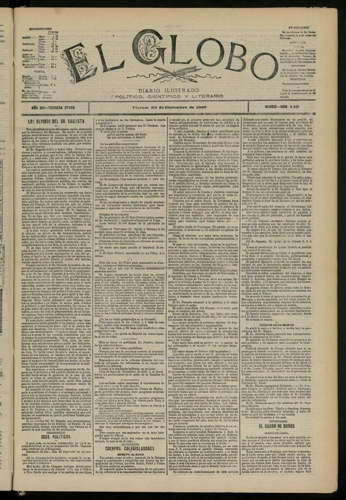 Miniatura de El Globo : diario ilustrado del 23 de diciembre de 1887, nº 4435