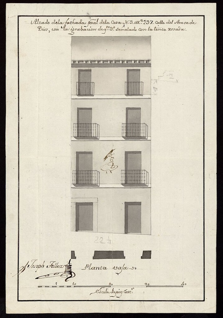 Miniatura de Licencia a la congregación del Santo Sacramento de la calle del Olivar para levantar la fachada del cuarto 3º abuhardillado de la casa calle del Amor de Dios nº 3 antiguo, manzana 237