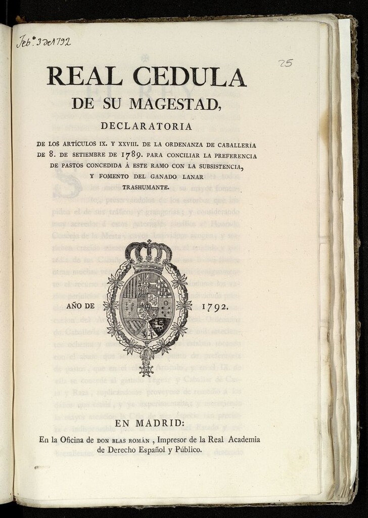 Miniatura de Real cedula de su magestad declaratoria de los artículos IX y XXVIII de la ordenanza de caballería de 8 de setiembre de 1789 para conciliar la preferencia de pastos concedida á este ramo con la subsistencia, y fomento del ganado lanar y trashumante