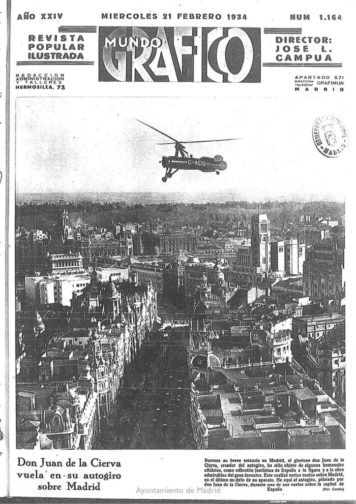 Miniatura de Don Juan de la Cierva vuela en su autogiro sobre Madrid
