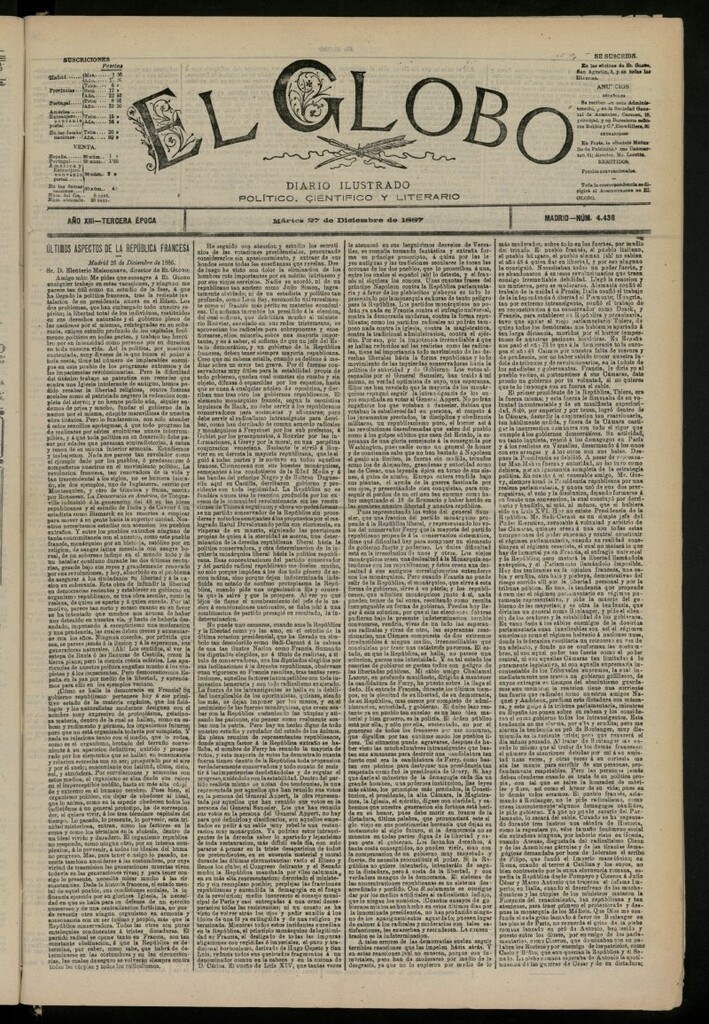 Miniatura de El Globo : diario ilustrado del 27 de diciembre de 1887, nº 4438