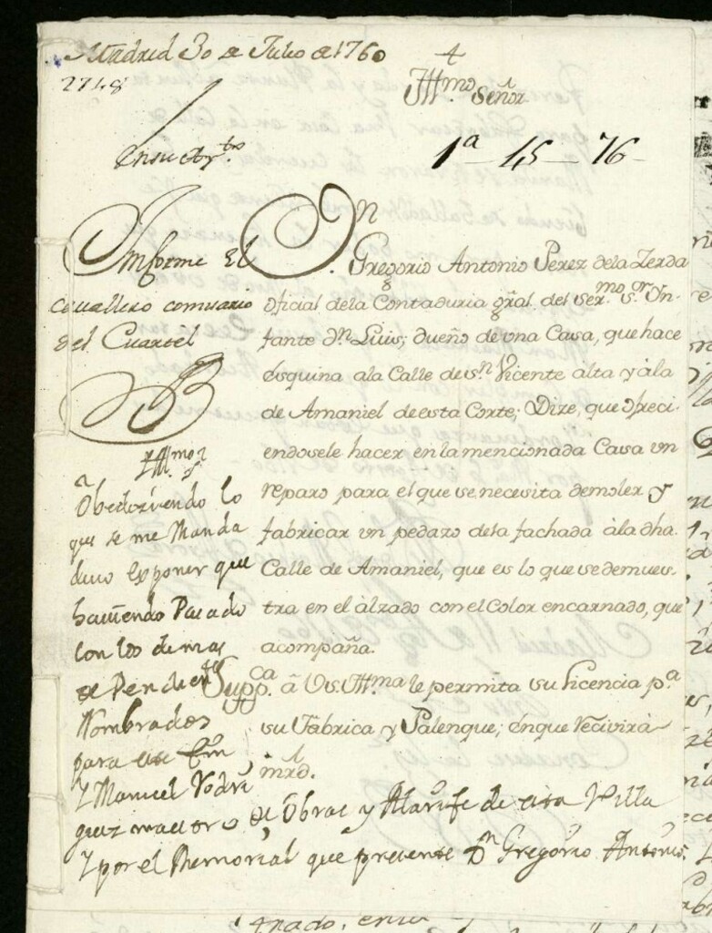 Miniatura de Licencia a Don Gregorio Antonio Pérez de la Cerda para edificar en la Calle de San Vicente baja a la de Amaniel.