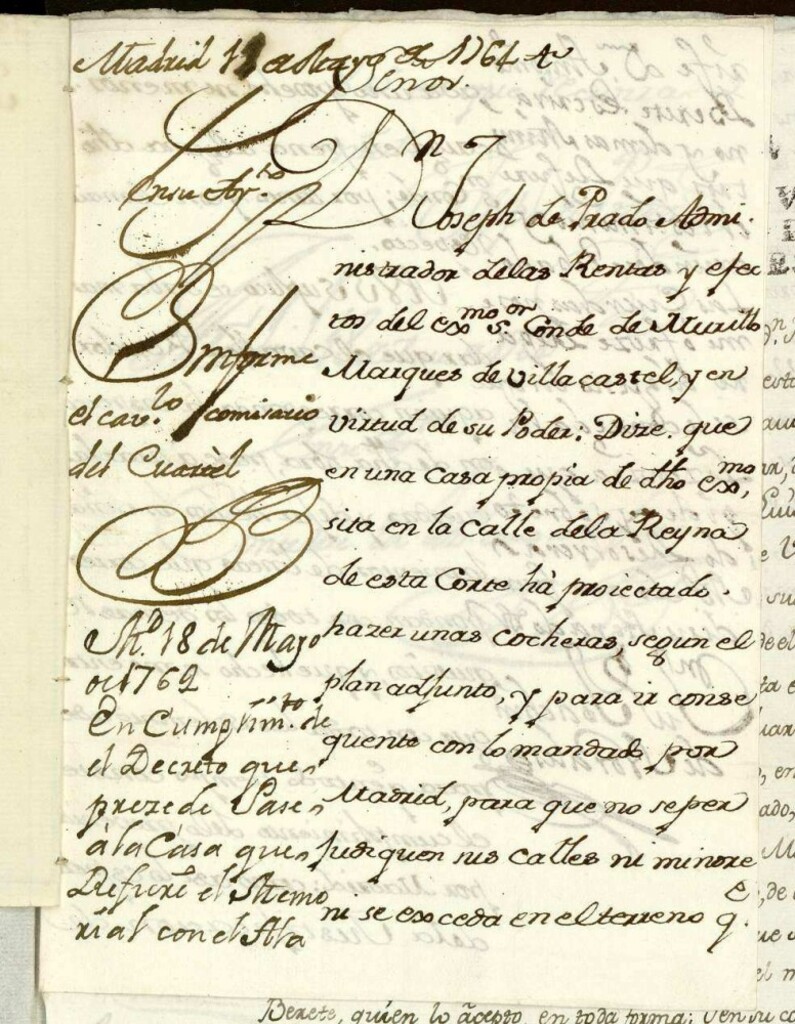 Miniatura de Licencia a Don José Prado por el Conde de Murillo para construir una cochera en la Calle de la Reina.