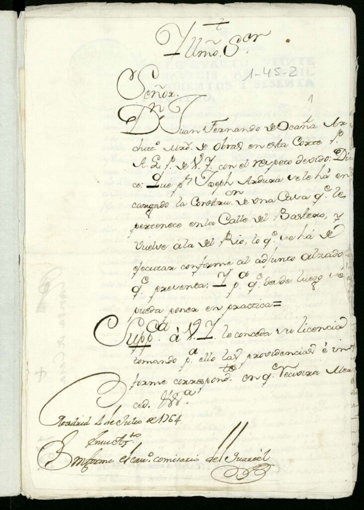 Miniatura de Licencia a Don Juan Fernando de Ocaña por Don José Ardura para edificar en la Calle del Bastero esquina con la del Mira el Río