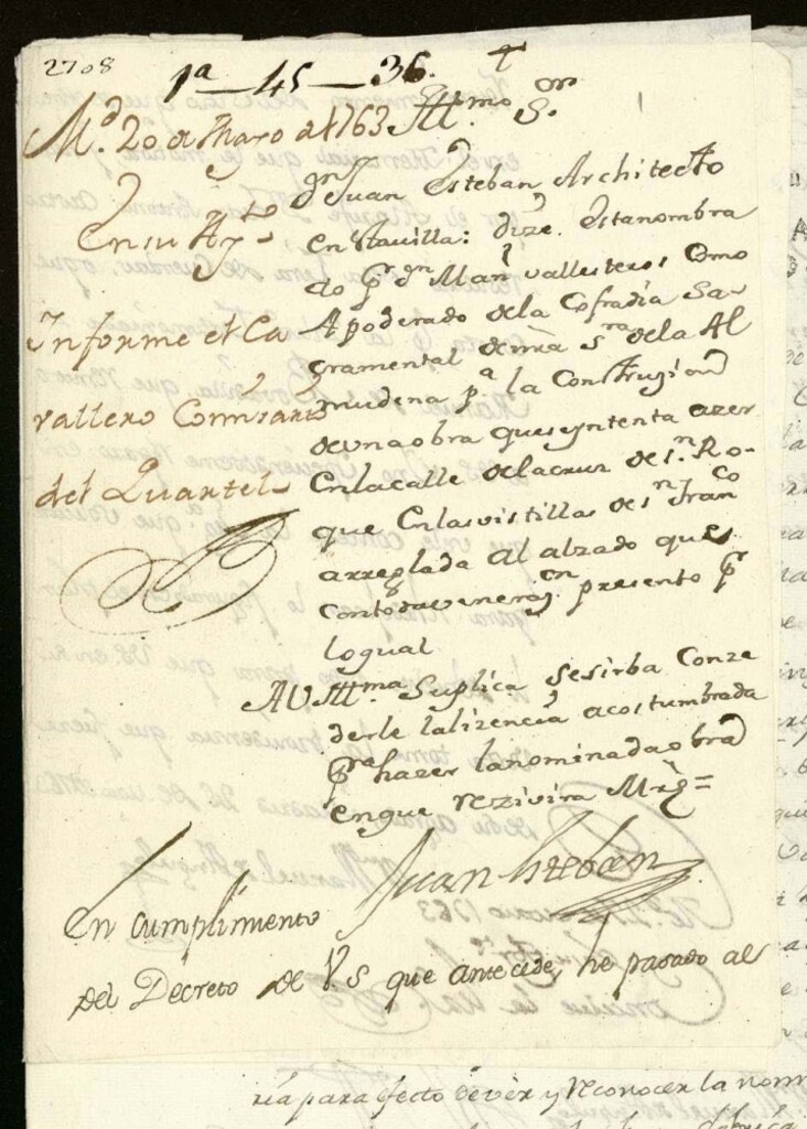Miniatura de Licencia a Don Juan Estevan por Don Manuel Ballesteros apoderado de la Cofradía de Nuestra Señora de la Almudena para edificar en la Calle de la Cruz de San Roque (hoy Vistillas de San Francisco).