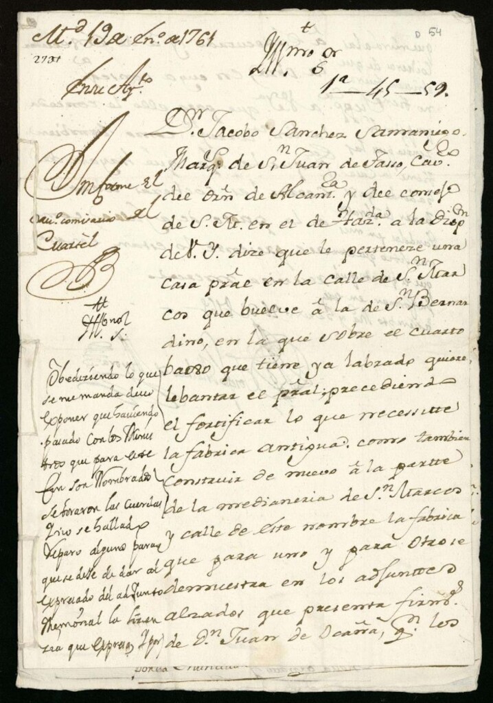 Miniatura de Licencia a Don Jacobo Sánchez Samaniego Marqués de San Juan de Tasso para edificar en la Calle de San Marcos.