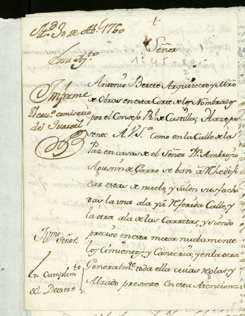 Miniatura de Licencia a Don Antonio Berete por Don Ambrosio Agustín de Garro para edificar en la Calle de la Paz.